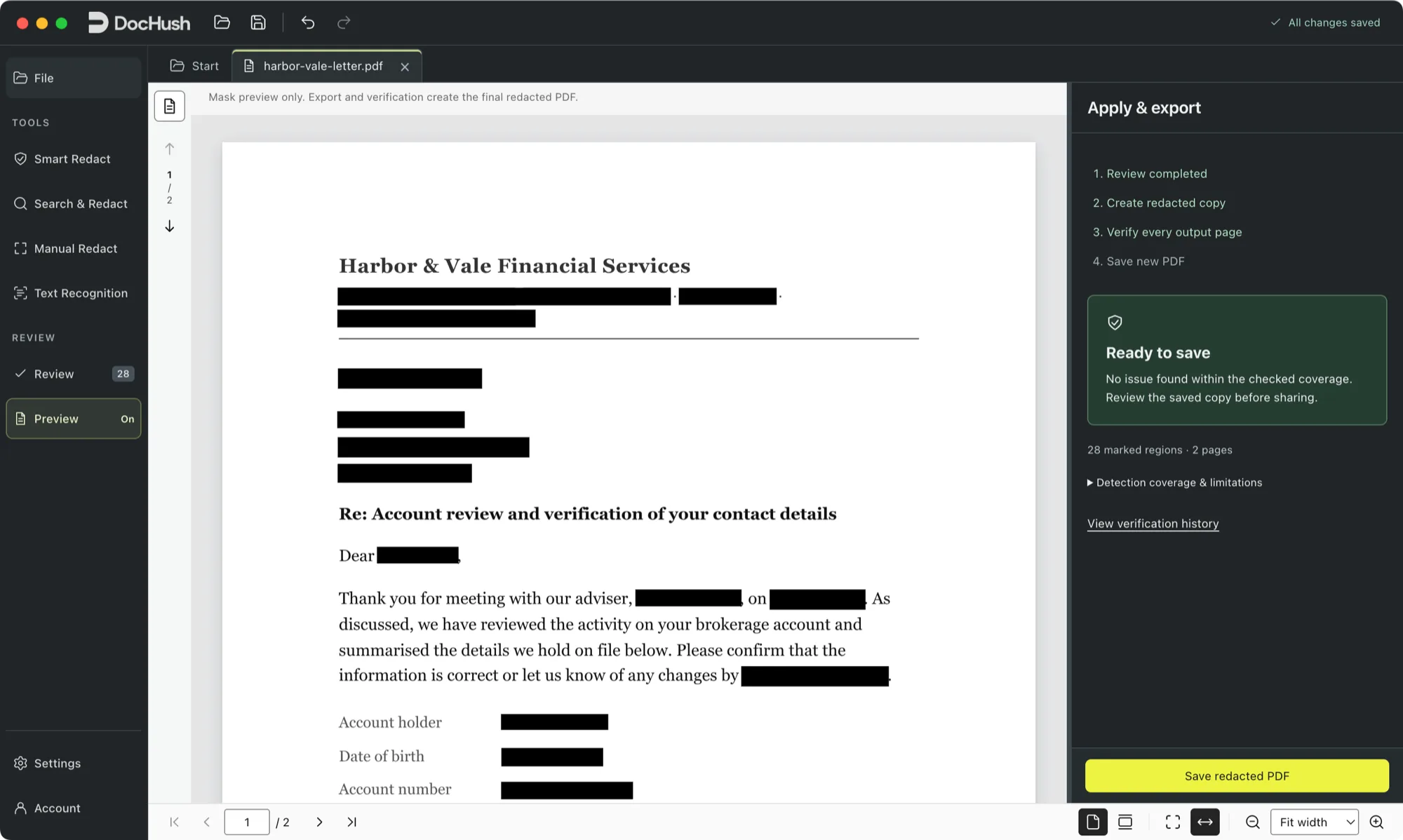 The Apply & export panel in DocHush lists four steps: review completed, create redacted copy, verify every output page and save new PDF. A green Ready to save box says no issue was found within the checked coverage, with 28 marked regions on 2 pages and a Save redacted PDF button.