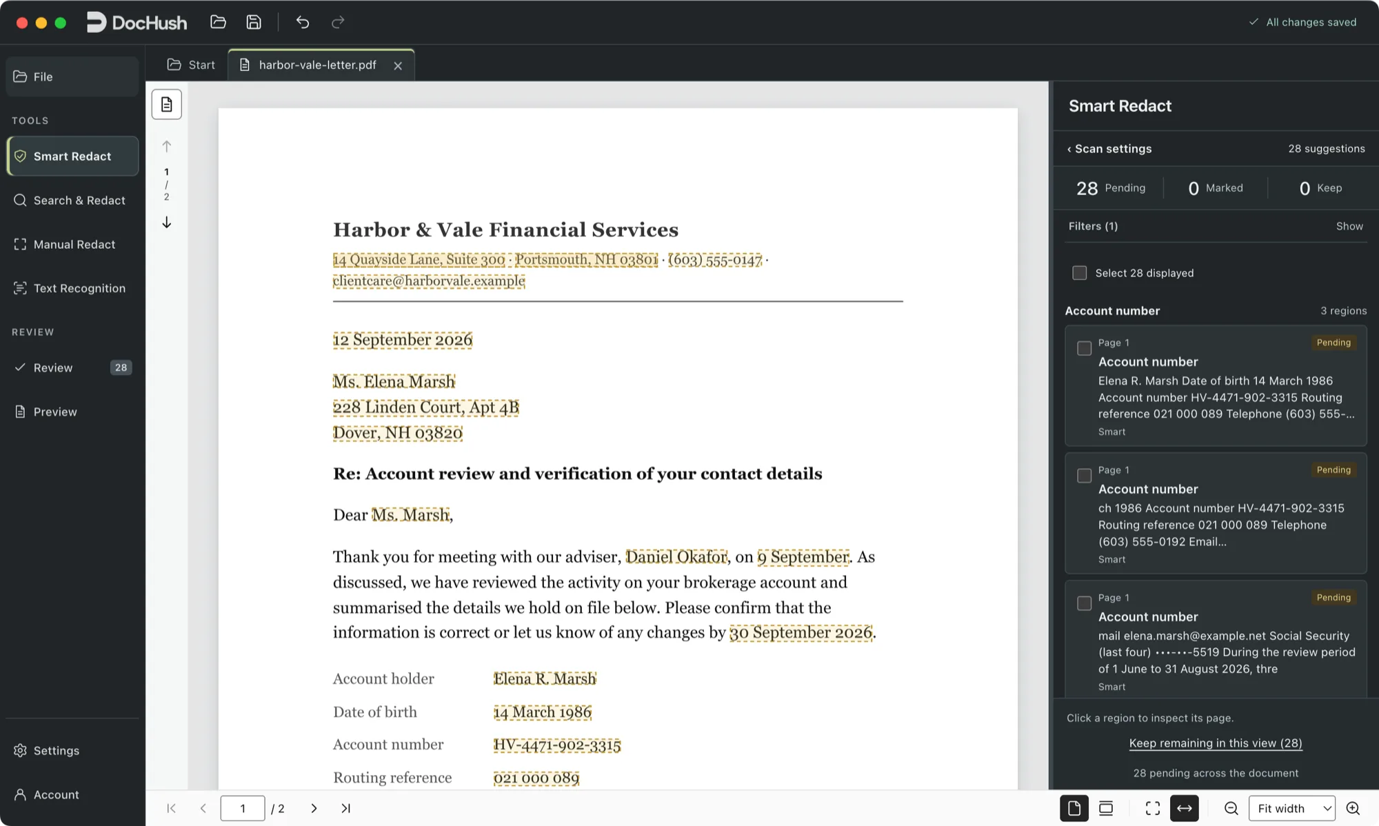 DocHush after scanning a fictional letter: 28 suggestions are outlined on the page, and the panel lists them by type, such as account number, address, email and person, each marked Pending.