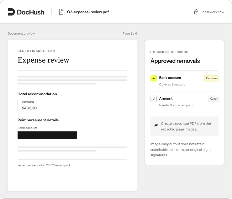 DocHush Redact view with the bank account blacked out and the $480.00 amount and H-028 reference preserved.