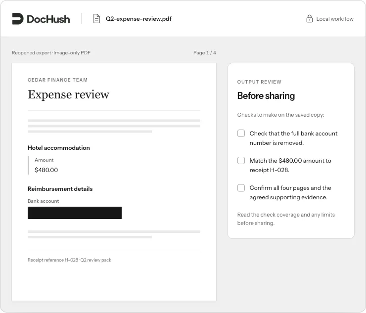 DocHush Verify view with a checklist for removing the full bank account, matching $480.00 to H-028 and confirming all four pages.
