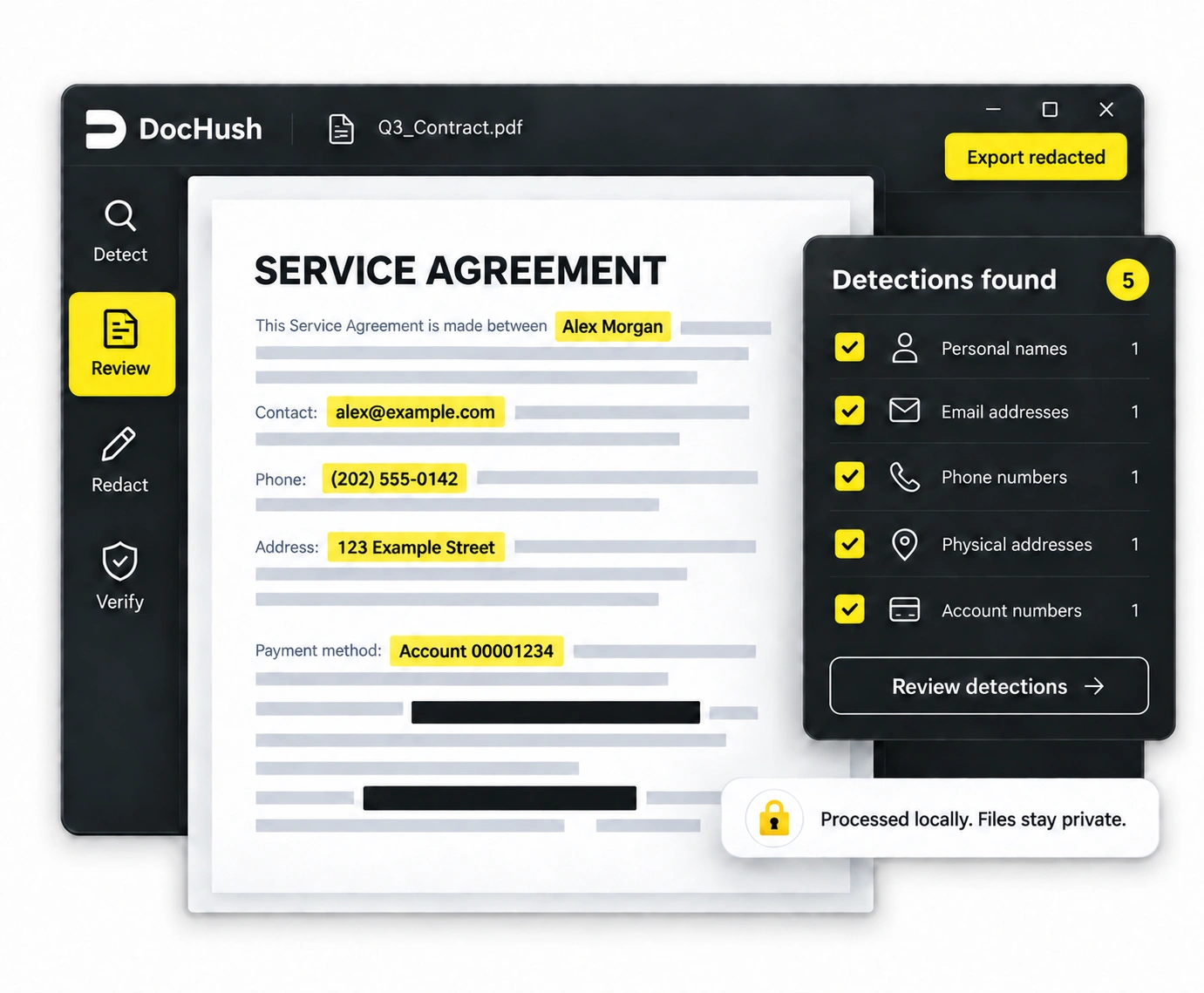A fictional contract moving through detection, review, and permanent redaction in DocHush.